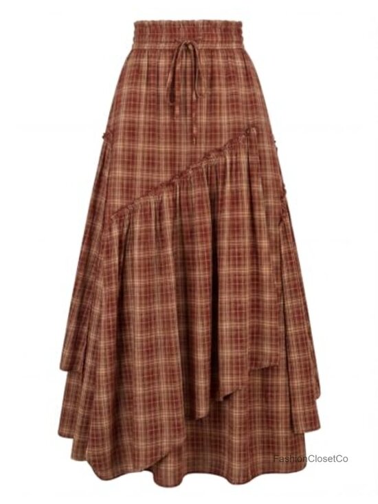 Dresses & Skirts - Long Plaid A-Line Maxi Skirt with Pockets Elastic Waist Renaissance